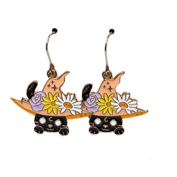 Handmade Jewelry - Cat with witch hat earrings stainless steel earring hooks